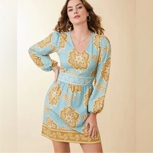Spartina 449  Diane Blue and Gold Floral Long Sleeve Dress